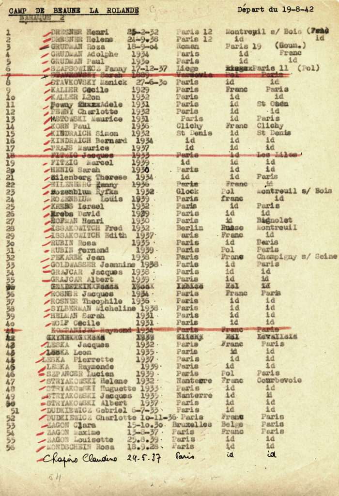 Extrait de la liste des personnes (surtout des enfants) transférées de Beaune-la-Rolande